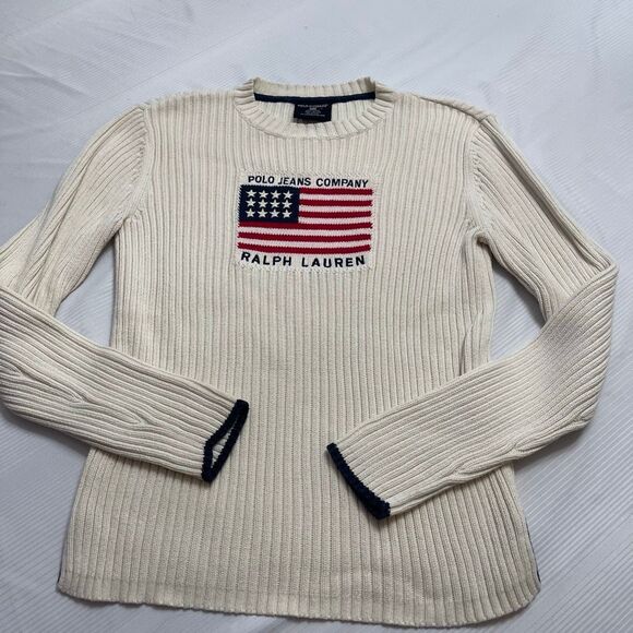 Vtg Ralph Lauren Sweater Womens L Cream US Flag Embroidered Crew Neck Cotton - Picture 1 of 8